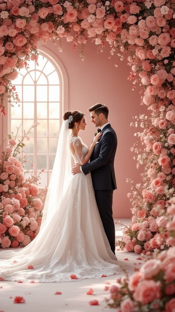 25 Beautiful Spring Wedding Color Palettes to Inspire Your Big Day A couple embracing in a dreamy setting adorned with dusty rose flowers, representing romantic spring wedding colors.