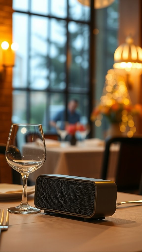 25 Stunning Valentines Table Decor Ideas That Will Make Your Dinner an Unforgettable Romance! A romantic table setting with a speaker and wine glass, perfect for Valentine's Day.