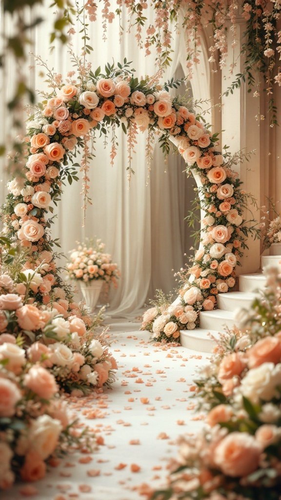 25 Beautiful Spring Wedding Color Palettes to Inspire Your Big Day A floral arch decorated with peach and cream roses, with petals scattered on the ground, set for a spring wedding.