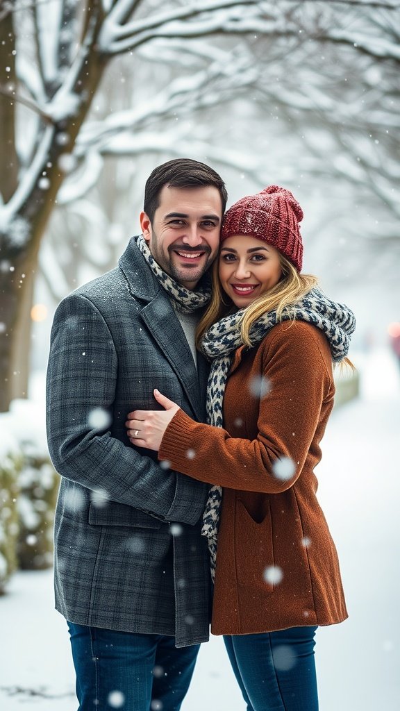 35 Enchanting Ideas for a Magical Winter Wedding Couple embracing in a snowy landscape, showcasing warmth and love.