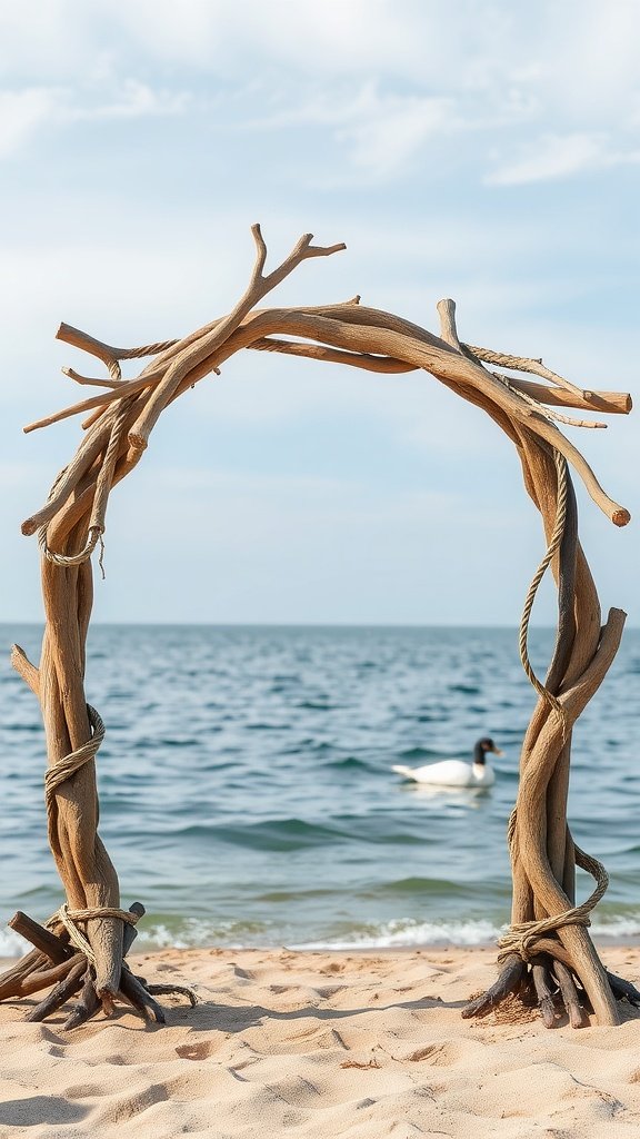 25 Unique Rustic Wedding Arch Ideas to Make Your Ceremony Unforgettable (Trust Us, #3 Is a Show-Stopper!) A rustic wedding arch made of driftwood and rope on a beach