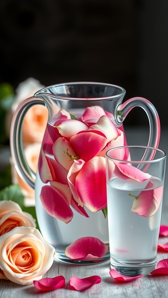 35 Irresistible Valentine’s Day Food Ideas to Celebrate Your Love A pitcher of rose petal infused water with pink rose petals floating on top.
