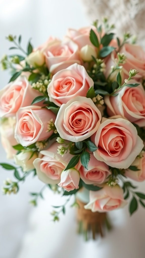 35 Enchanting Spring Wedding Flowers for Your Dream Celebration A bouquet of blush pink roses surrounded by greenery, representing spring wedding flowers.
