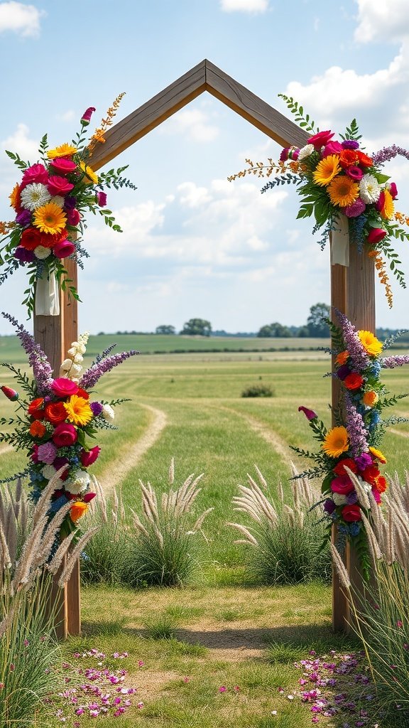 25 Unique Rustic Wedding Arch Ideas to Make Your Ceremony Unforgettable (Trust Us, #3 Is a Show-Stopper!) A rustic wedding arch made of wood, decorated with colorful wildflowers, set in a green field under a blue sky.