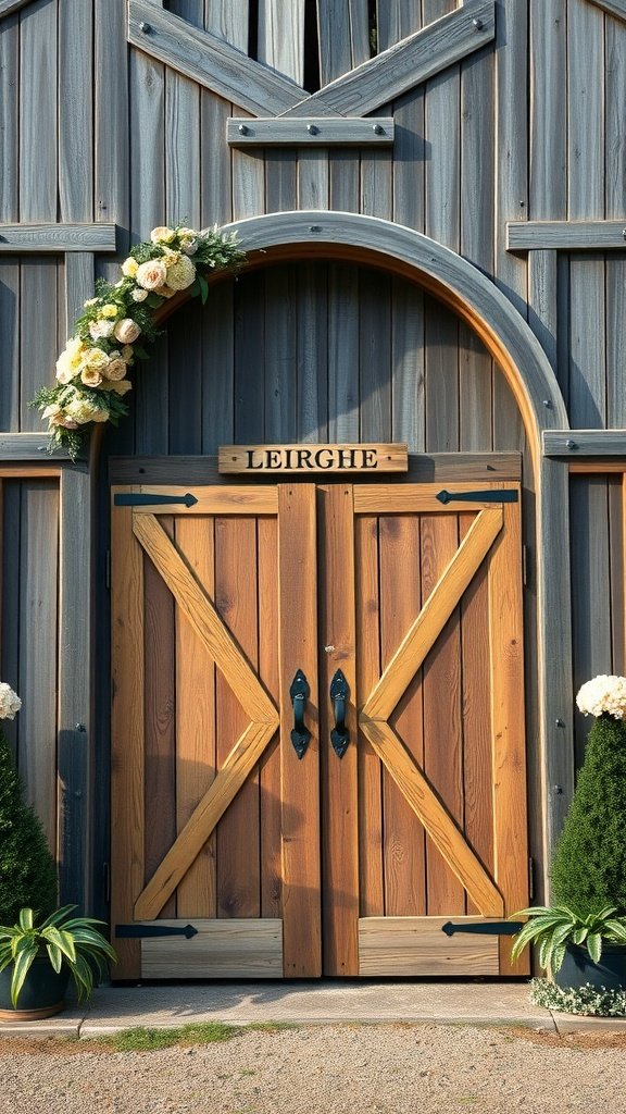 25 Unique Rustic Wedding Arch Ideas to Make Your Ceremony Unforgettable (Trust Us, #3 Is a Show-Stopper!) A rustic barn door arch adorned with flowers, featuring wooden doors with an X pattern.