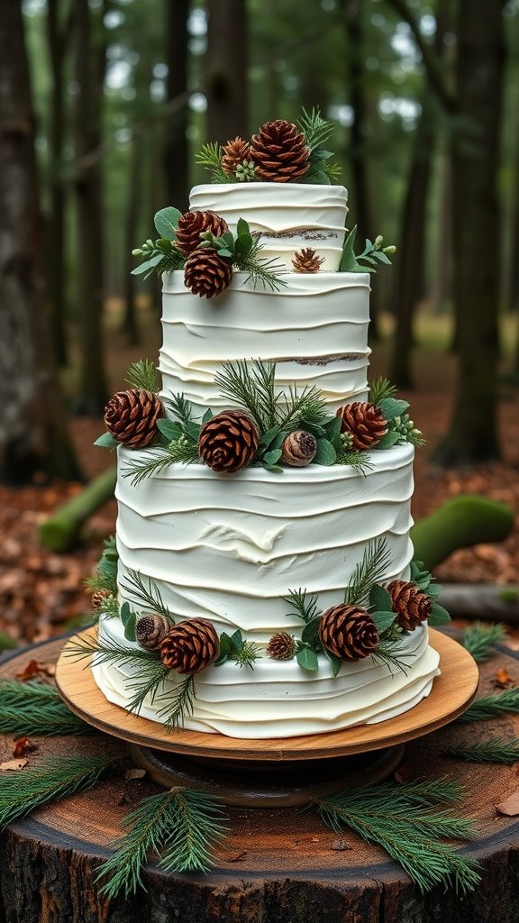35 Enchanting Forest Wedding Cake Recipes for Your Dream Celebration A rustic buttercream forest wedding cake decorated with pinecones and greenery.