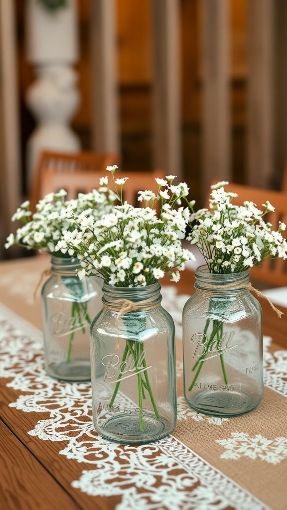 30 Stunning Baby's Breath Wedding Centerpieces for a Dreamy Celebration Three mason jars filled with baby’s breath flowers on a wooden table, surrounded by lace and burlap.