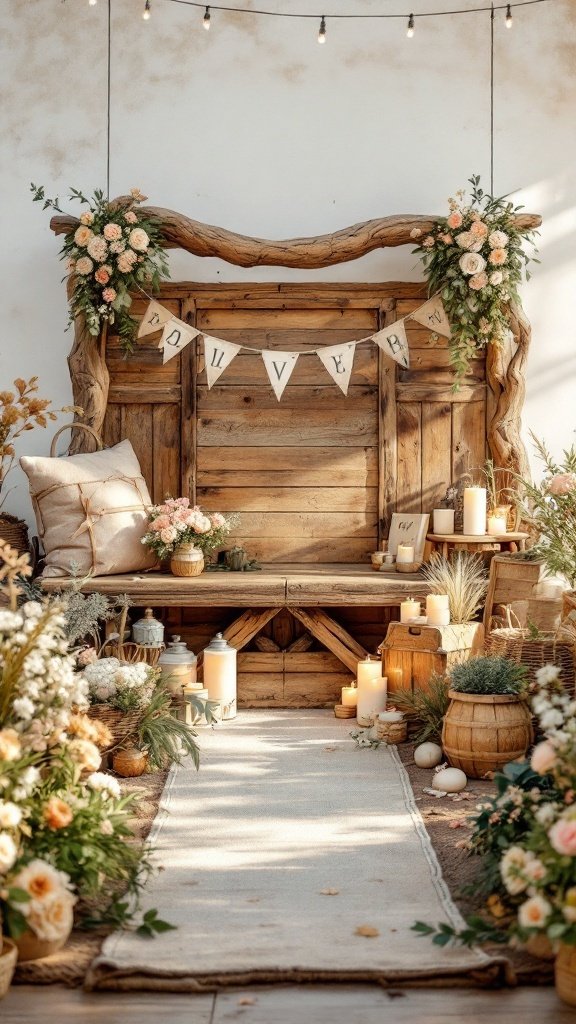 25 Beautiful Spring Wedding Color Palettes to Inspire Your Big Day A rustic wedding setup with a wooden backdrop, floral arrangements, candles, and a soft color scheme.