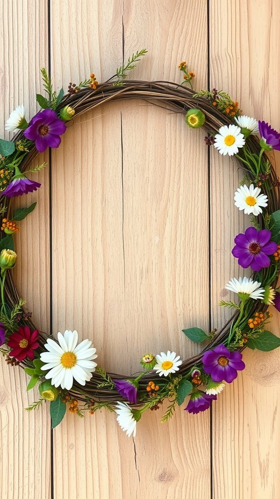 35 Stunning Fall Wedding Flowers That Will Make Your Guests Swoon! A rustic floral crown made with purple flowers, daisies, and greenery, set against a wooden background.