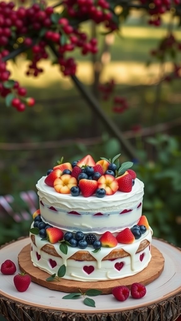 35 Enchanting Forest Wedding Cake Recipes for Your Dream Celebration A beautifully decorated rustic fruit tart cake showcasing layers of fresh fruits and whipped cream.