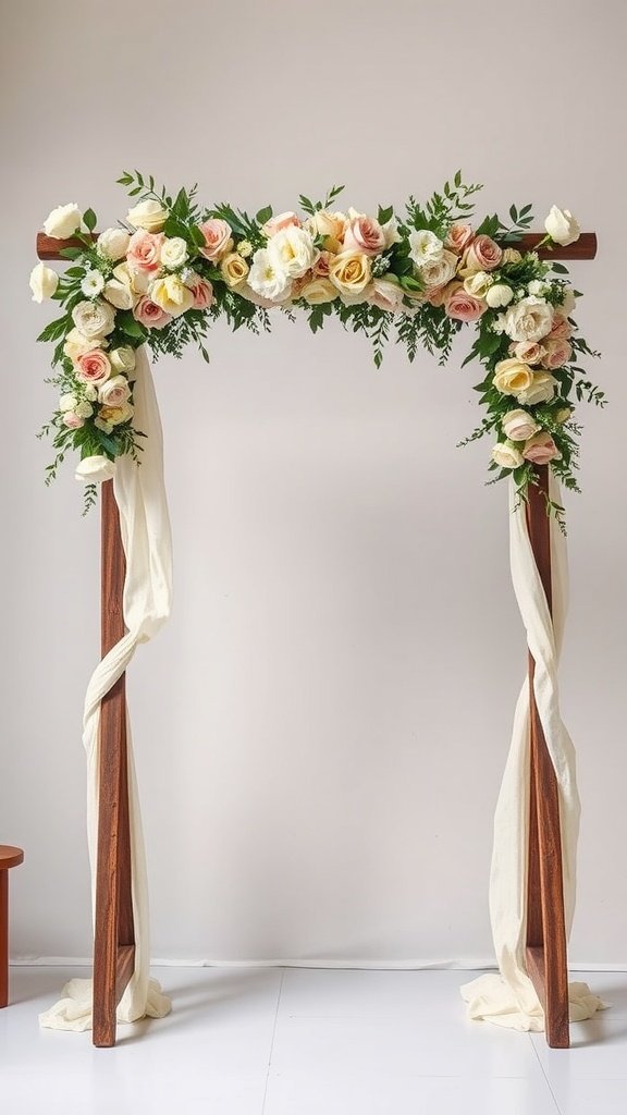 25 Unique Rustic Wedding Arch Ideas to Make Your Ceremony Unforgettable (Trust Us, #3 Is a Show-Stopper!) A rustic ladder arch decorated with flowers and draped fabric