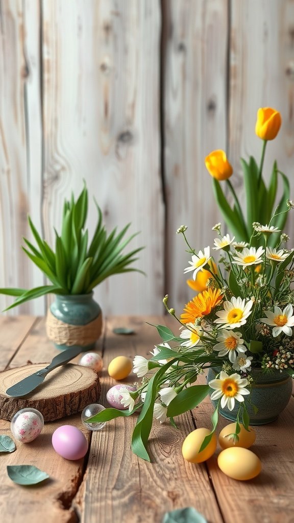 35 Easter Tablescape Ideas for a Festive Celebration A rustic Easter tablescape featuring a wooden table with flowers, pastel eggs, and natural elements.