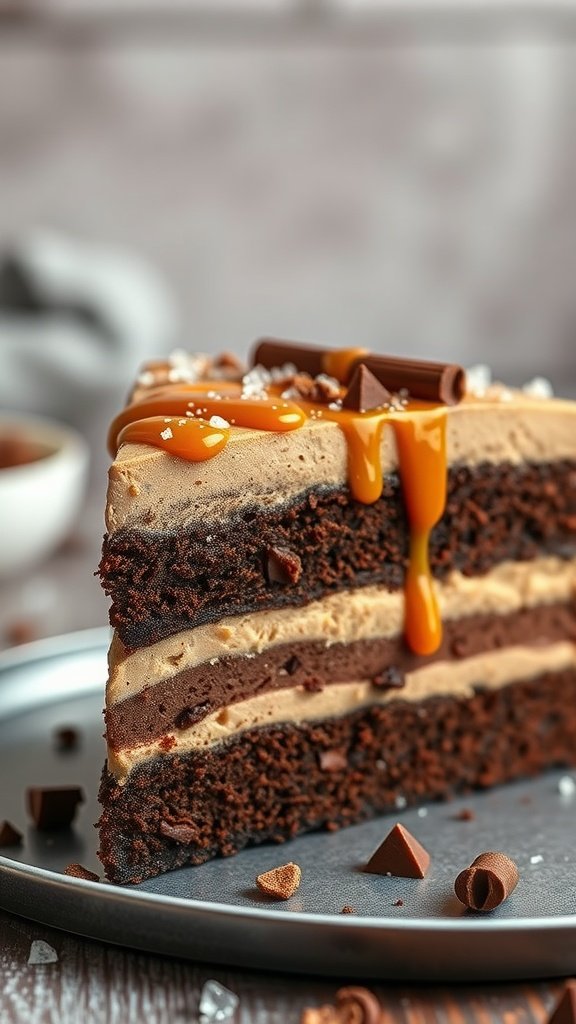 25 Irresistible Valentine’s Day Cake Ideas to Sweeten Your Celebration A slice of salted caramel chocolate mousse cake with caramel drizzling down the side and chocolate shavings on top.