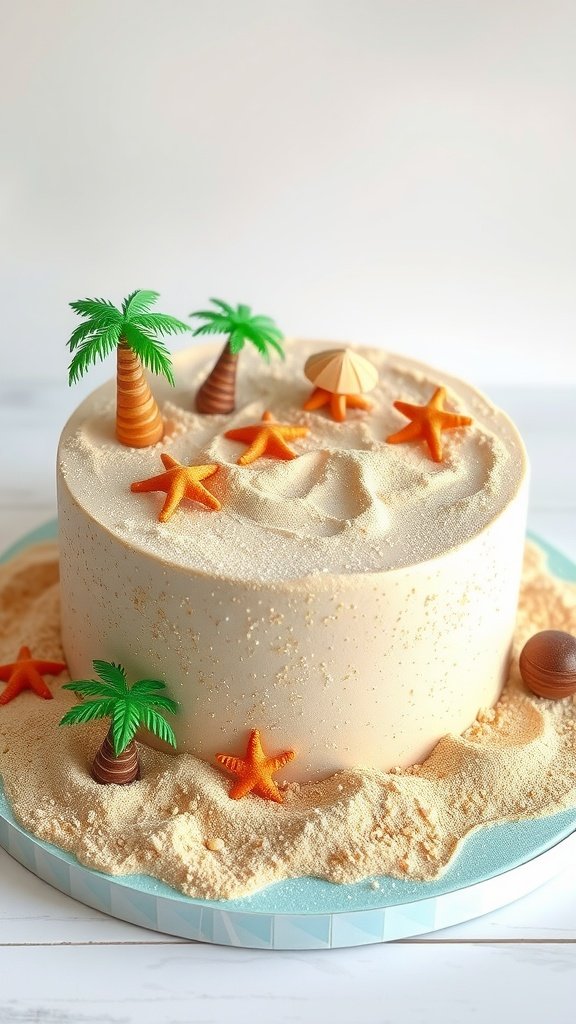 25 Creative Mermaid-Inspired Party Food Ideas A sandy beach themed cake decorated with palm trees and starfish.