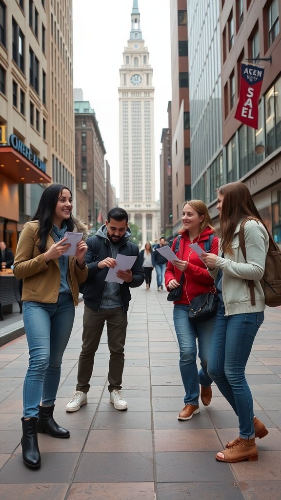 25 Creative Double Date Ideas That Will Spark Your Imagination! Group of four friends happily participating in a scavenger hunt in a city street.