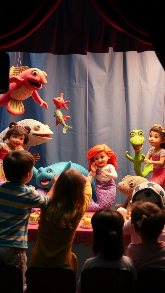 35 Magical Mermaid Party Ideas for an Under-the-Sea Celebration A colorful puppet show featuring sea creatures, with children watching in excitement.