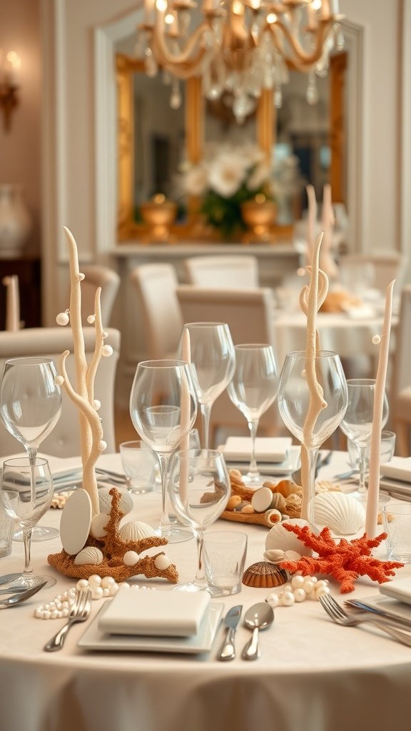 25 Stunning Mermaid Party Decoration Ideas for an Underwater Adventure A beautifully decorated table featuring seashell centerpieces with coral, shells, and elegant glassware, perfect for a mermaid-themed party.