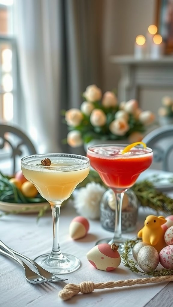 35 Easter Tablescape Ideas for a Festive Celebration Two colorful cocktails on an Easter-themed table with decorations and flowers.