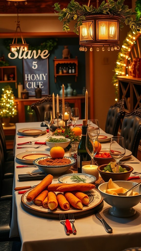 35 Stunning Grazing Table Ideas That Will Wow Your Guests (You Won't Believe #12!) A beautifully decorated dining table with warm lighting, featuring various dishes and seasonal decor.