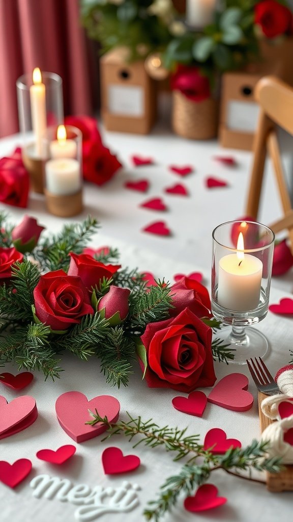25 Stunning Valentines Table Decor Ideas That Will Make Your Dinner an Unforgettable Romance! A beautifully arranged table for Valentine's Day with red roses, candles, and heart decorations.