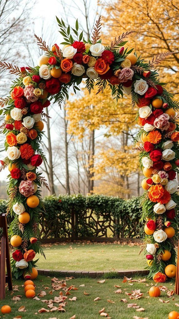 35 Stunning Fall Wedding Flowers That Will Make Your Guests Swoon! A floral archway decorated with fall wedding flowers in vibrant colors, framed by autumn trees.