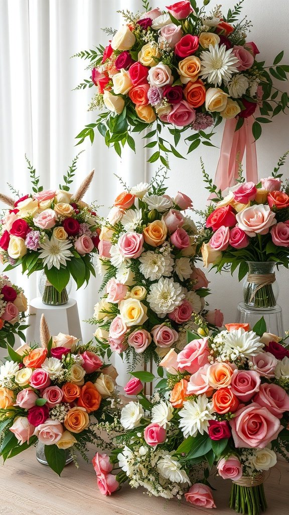 35 Enchanting Spring Wedding Flowers for Your Dream Celebration A variety of seasonal floral arrangements featuring colorful roses and daisies for a spring wedding.
