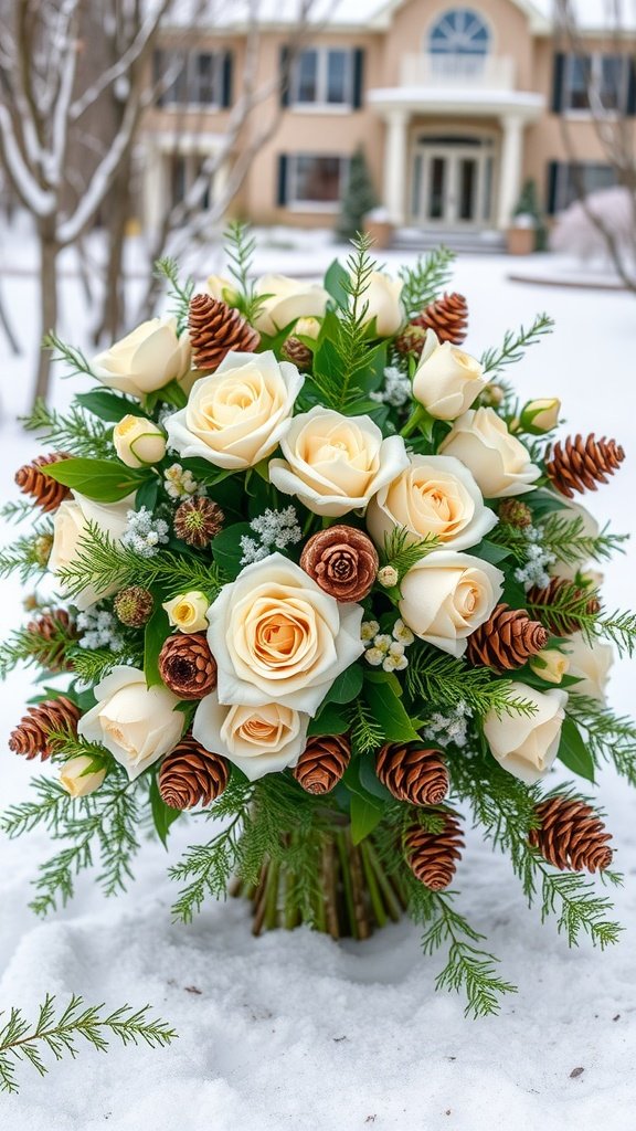 35 Enchanting Ideas for a Magical Winter Wedding A winter wedding bouquet featuring cream roses, pine cones, and green foliage on a snowy background.