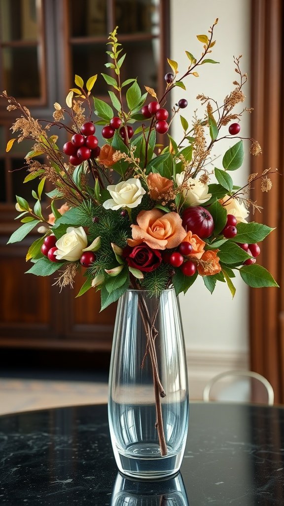 35 Stunning Fall Wedding Flowers That Will Make Your Guests Swoon! Beautiful fall wedding flower arrangement with roses, berries, and foliage in a vase