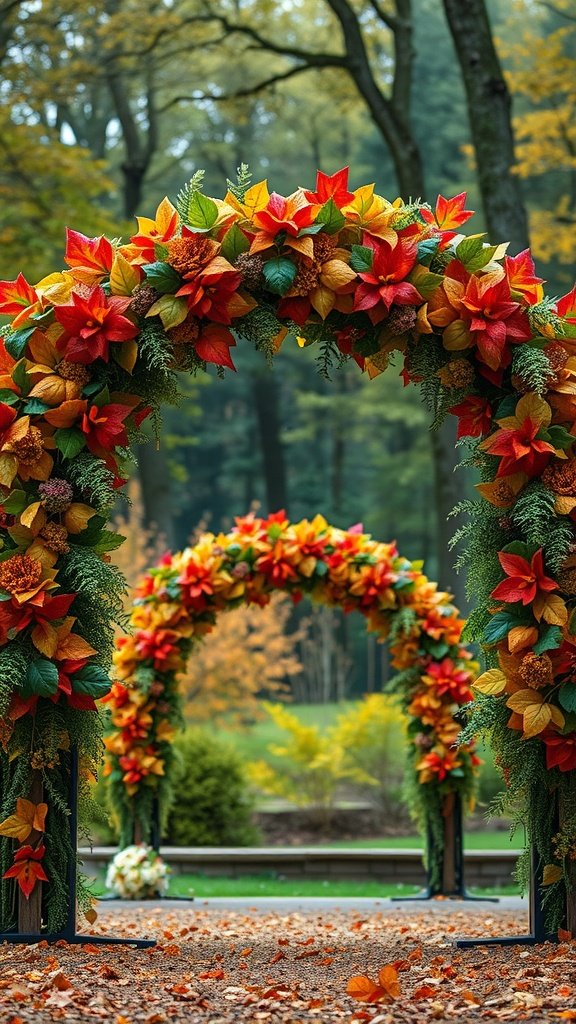 25 Unique Rustic Wedding Arch Ideas to Make Your Ceremony Unforgettable (Trust Us, #3 Is a Show-Stopper!) A rustic wedding arch decorated with colorful autumn leaves, set in a serene outdoor environment.