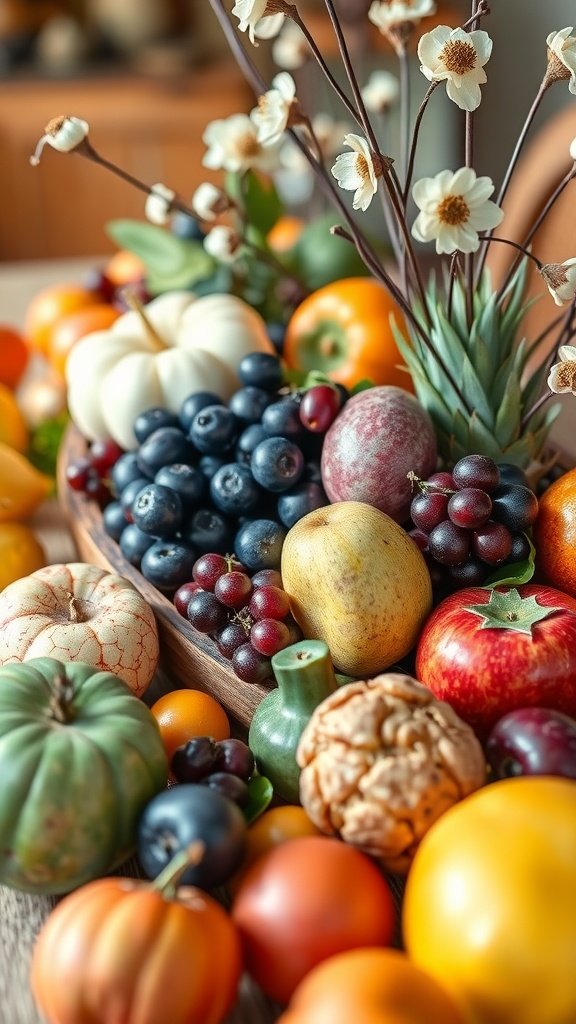 35 Easter Tablescape Ideas for a Festive Celebration A colorful arrangement of seasonal fruits and decorative gourds on a wooden table.