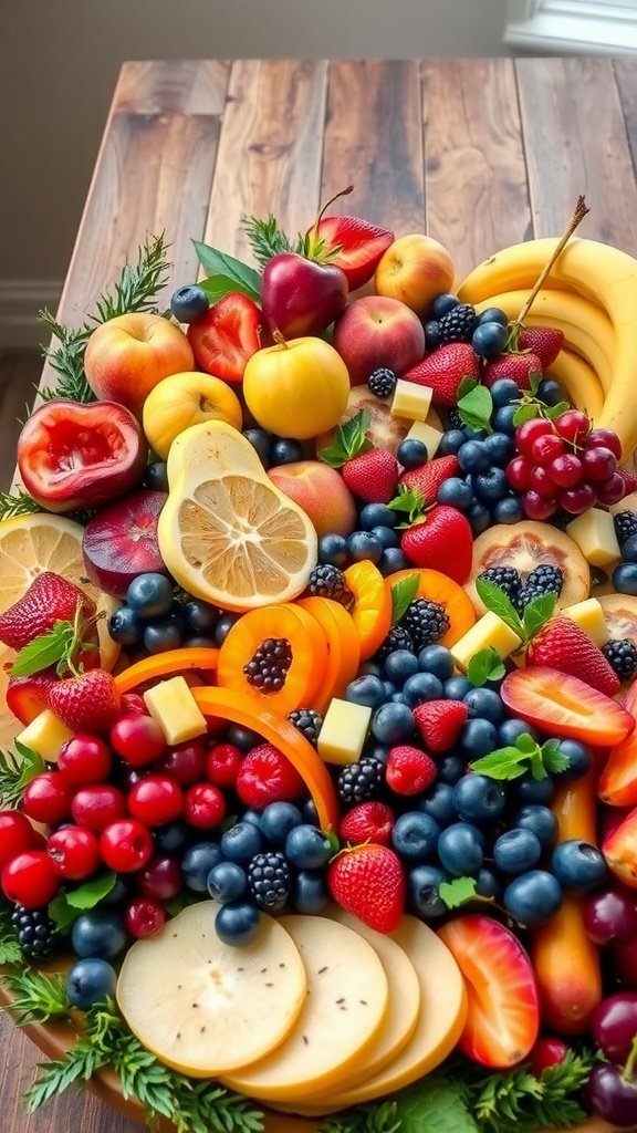 35 Stunning Grazing Table Ideas That Will Wow Your Guests (You Won't Believe #12!) A vibrant display of assorted seasonal fruits including apples, peaches, strawberries, and blueberries arranged on a wooden table.