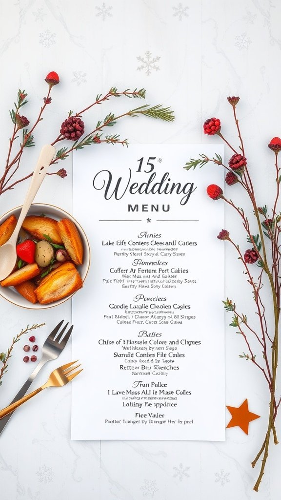 35 Enchanting Ideas for a Magical Winter Wedding A winter wedding menu displayed with festive decorations and seasonal ingredients.