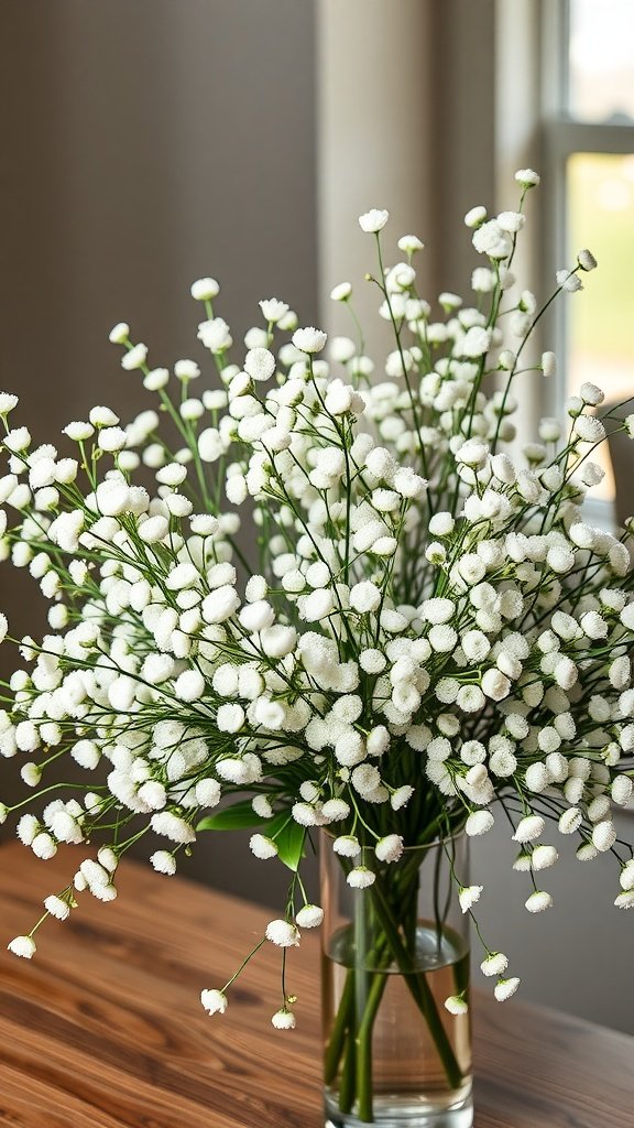 30 Beautiful Baby's Breath Centerpiece DIY Ideas A beautiful arrangement of baby's breath flowers in a glass vase on a wooden table.