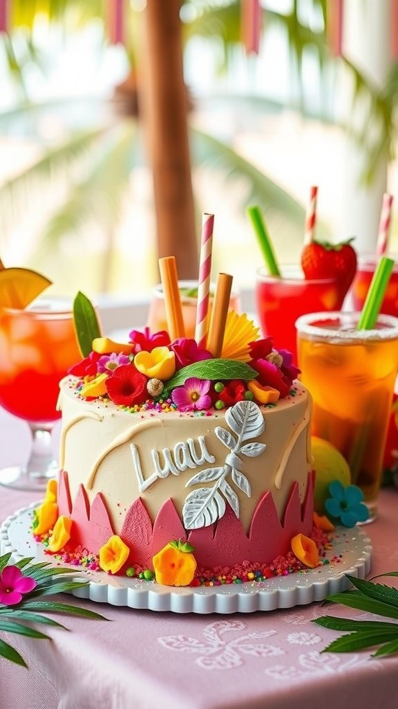 20 Delightful Luau Cake Recipes for Your Tropical Celebration A beautifully decorated luau cake with vibrant colors and tropical drinks in the background.