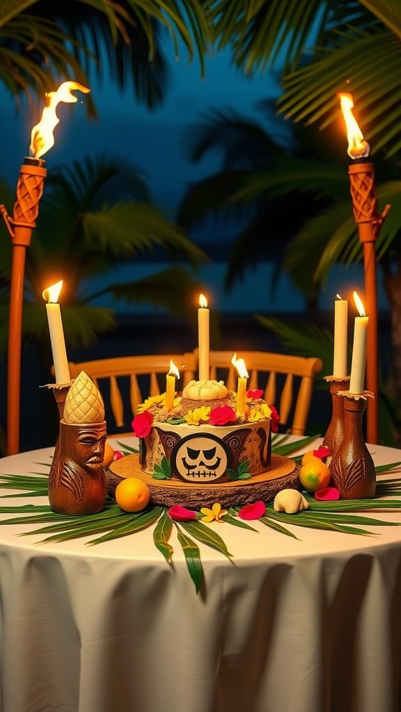 20 Delightful Luau Cake Recipes for Your Tropical Celebration A beautifully set table for a luau cake, adorned with candles and tropical decorations.