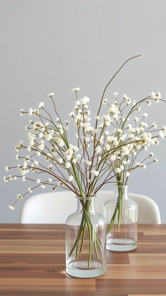 30 Beautiful Baby's Breath Centerpiece DIY Ideas Two glass vases filled with baby's breath flowers on a wooden table