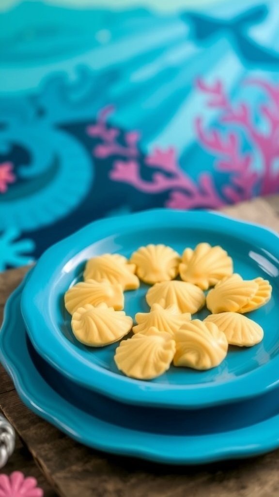 25 Creative Mermaid-Inspired Party Food Ideas Shell-shaped cheese crackers on a blue plate, perfect for a mermaid party.
