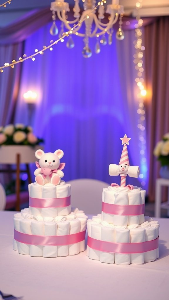 25 Creative Mini Diaper Cake Ideas for Baby Showers Two mini diaper cakes on a table, one with a bear and the other with a party hat decoration.