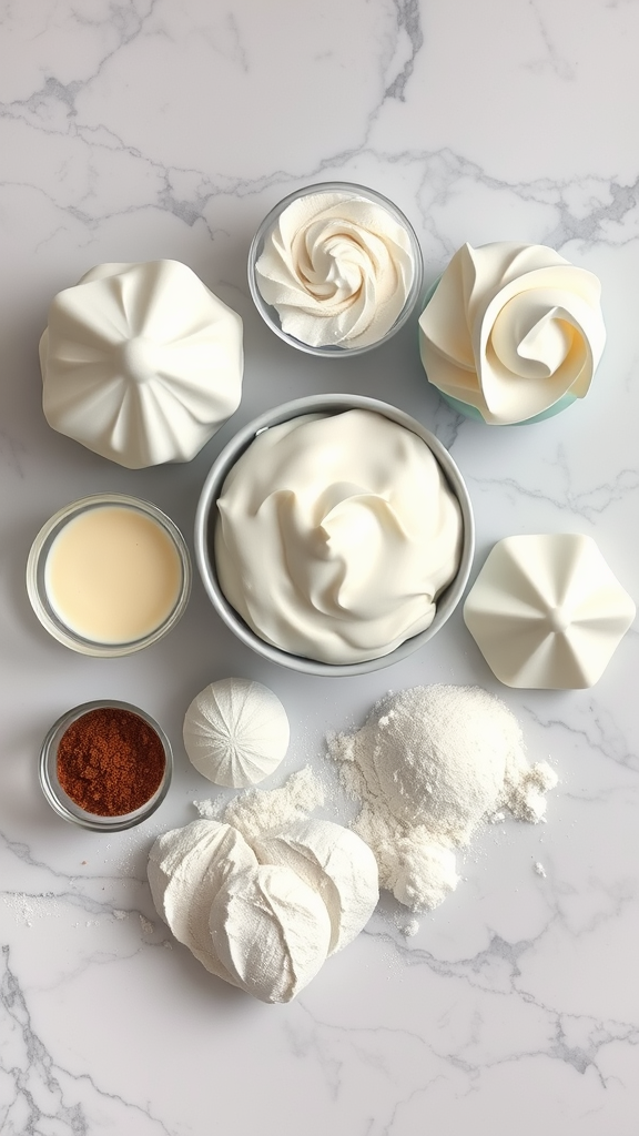 15 Exquisite Rococo Cake Recipes You Need to Try A collection of ingredients typically used in Rococo Cakes, including meringue, whipped cream, and garnishes.