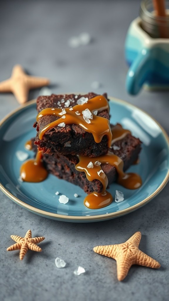 25 Creative Mermaid-Inspired Party Food Ideas Delicious sea salt caramel brownies on a blue plate, garnished with caramel sauce and sea salt. Mermaid party food