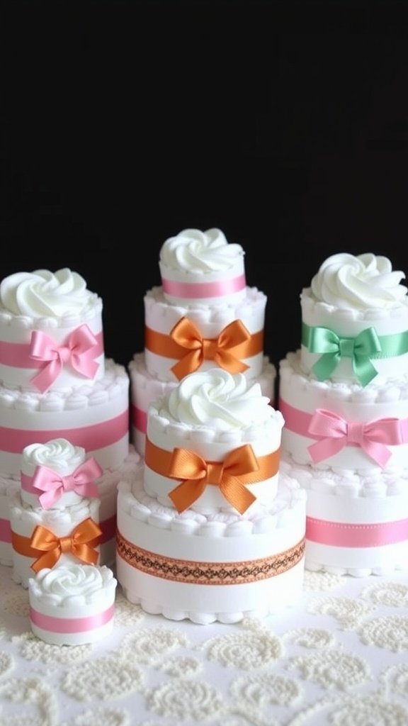 25 Creative Mini Diaper Cake Ideas for Baby Showers A variety of mini diaper cakes in different sizes, decorated with ribbons and bows.