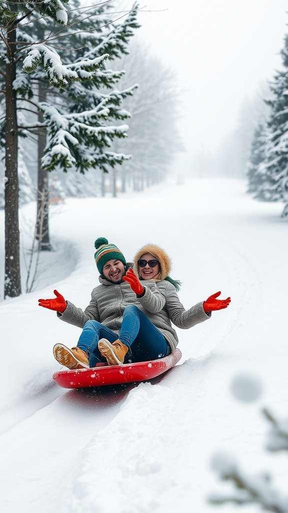 25 Cozy Winter Date Ideas That'll Melt Your Heart (You Won't Believe #5!) A couple sledding down a snowy hill with smiles, surrounded by snow-covered trees. Winter Date Ideas