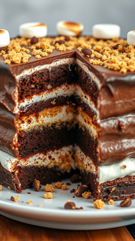 25 Irresistible Valentine’s Day Cake Ideas to Sweeten Your Celebration A rich S'mores Valentine Cake with layers of chocolate and marshmallow, topped with graham crackers and mini marshmallows.