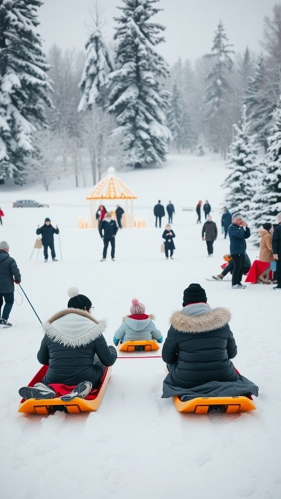 35 Enchanting Ideas for a Magical Winter Wedding Families sledding on a snowy day during a winter wedding celebration.