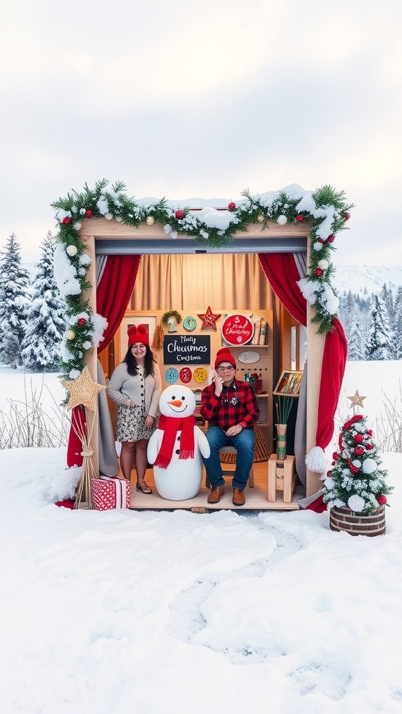 35 Enchanting Ideas for a Magical Winter Wedding A winter wedding photo booth with a snowman, festive decorations, and two smiling guests in a snowy landscape.
