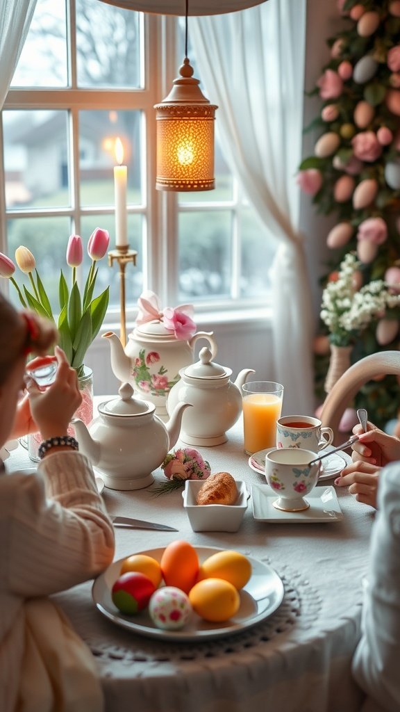 35 Charming Easter Tea Party Ideas for a Festive Celebration A cozy Easter tea party setting with decorative elements, tea, and colorful eggs