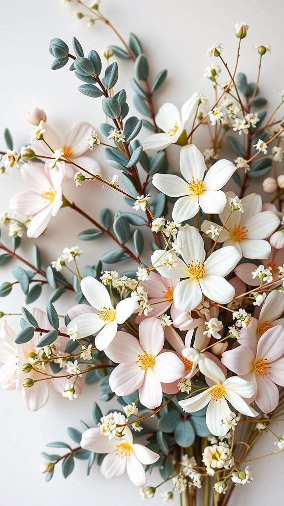 35 Stunning Fall Wedding Flowers That Will Make Your Guests Swoon! A bouquet featuring soft eucalyptus and delicate flowers in blush and white hues.
