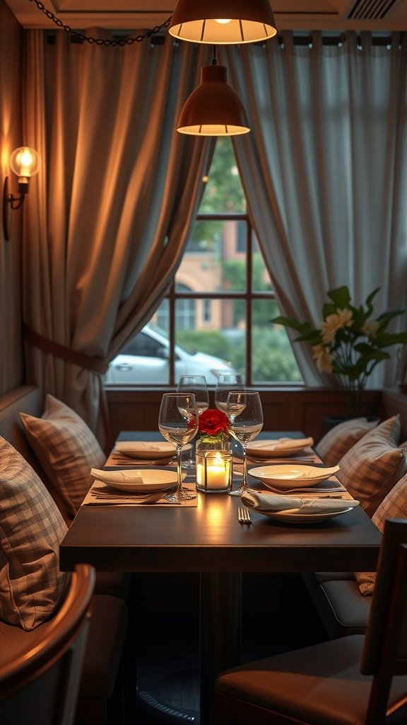 25 Stunning Valentines Table Decor Ideas That Will Make Your Dinner an Unforgettable Romance! A cozy Valentine's table setting with soft pillow seating, elegant glassware, a candle, and a single rose.