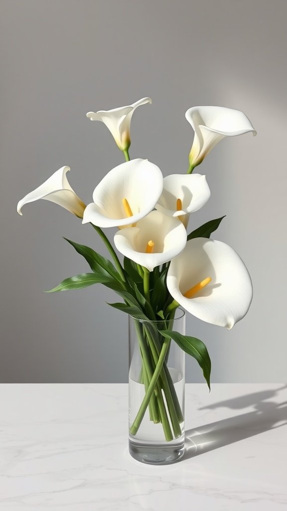 35 Wedding Winter Flower Bouquets That Will Make Your Heart Skip a Beat (Don't Miss #9!) A bouquet of white calla lilies in a clear vase on a marble surface.