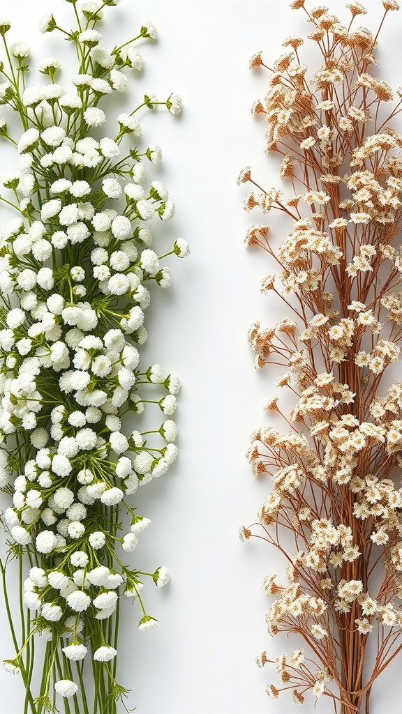 30 Beautiful Baby's Breath Centerpiece DIY Ideas Image showing fresh and dried baby’s breath flowers side by side.